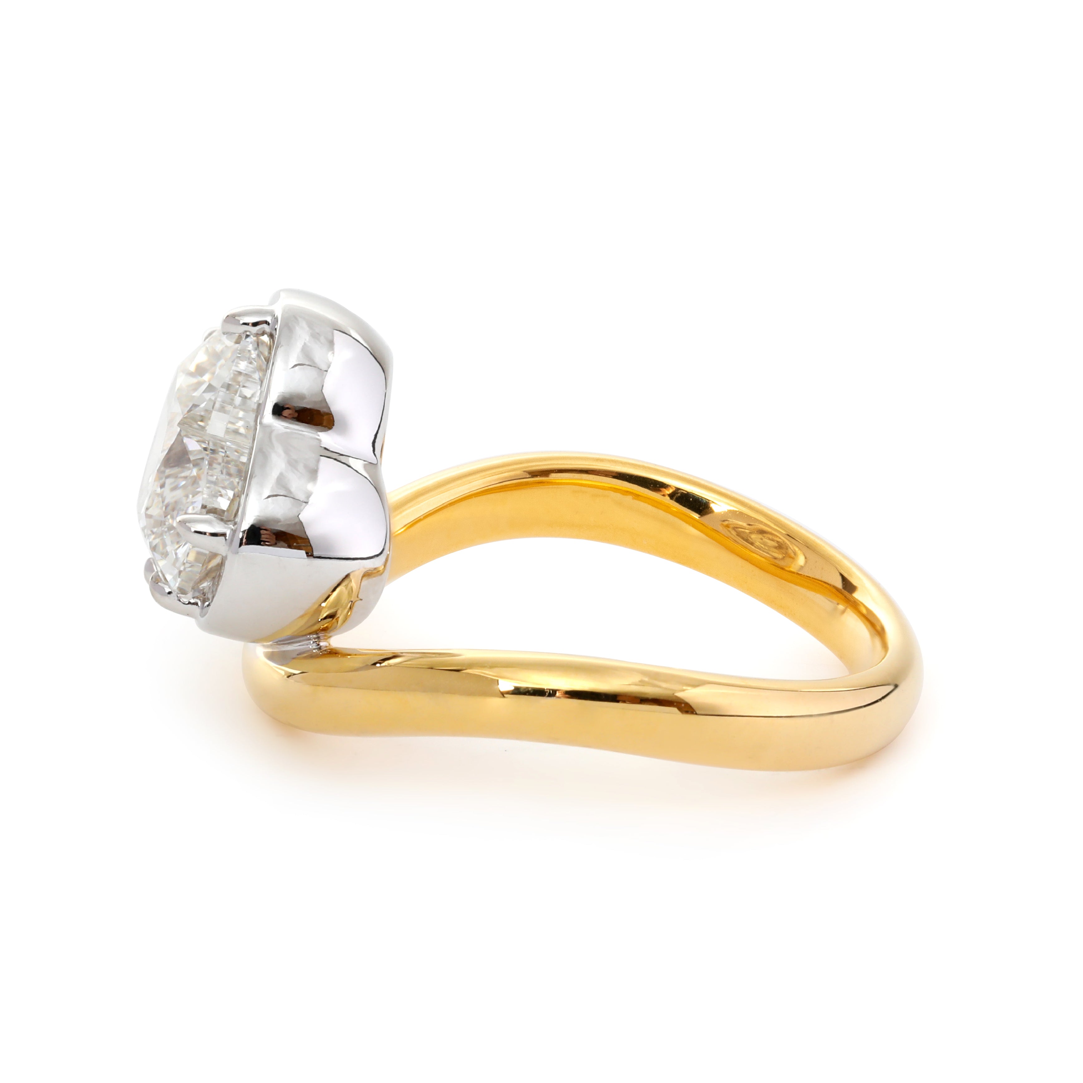 14K Yellow Gold 2.5ct Heart Shaped Lab Diamond Ring with White Gold Bezel and Wave Band