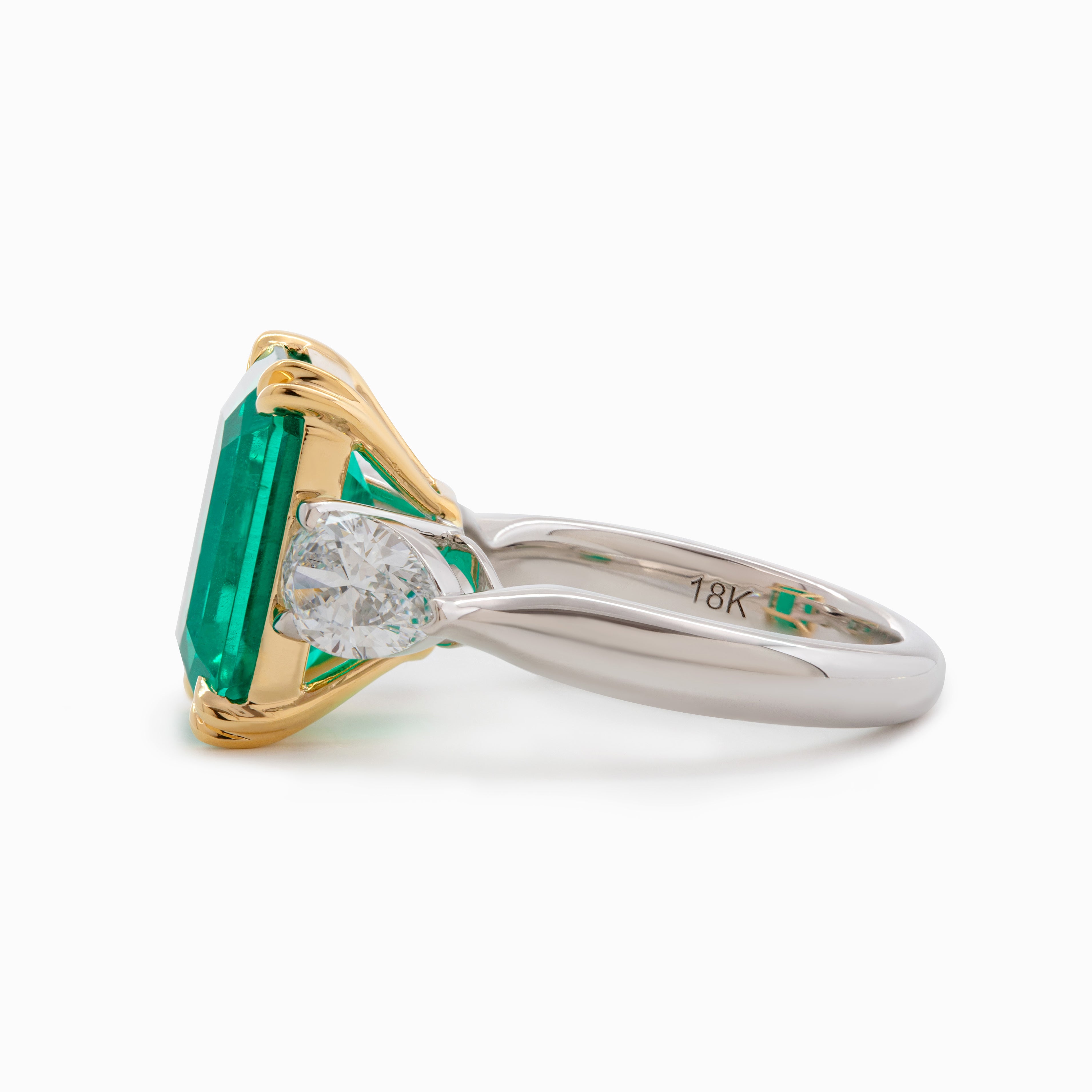 18K White and Yellow Gold 6ct Lab Emerald Three Stone Ring with Pear Cut Lab Diamond Side-stone