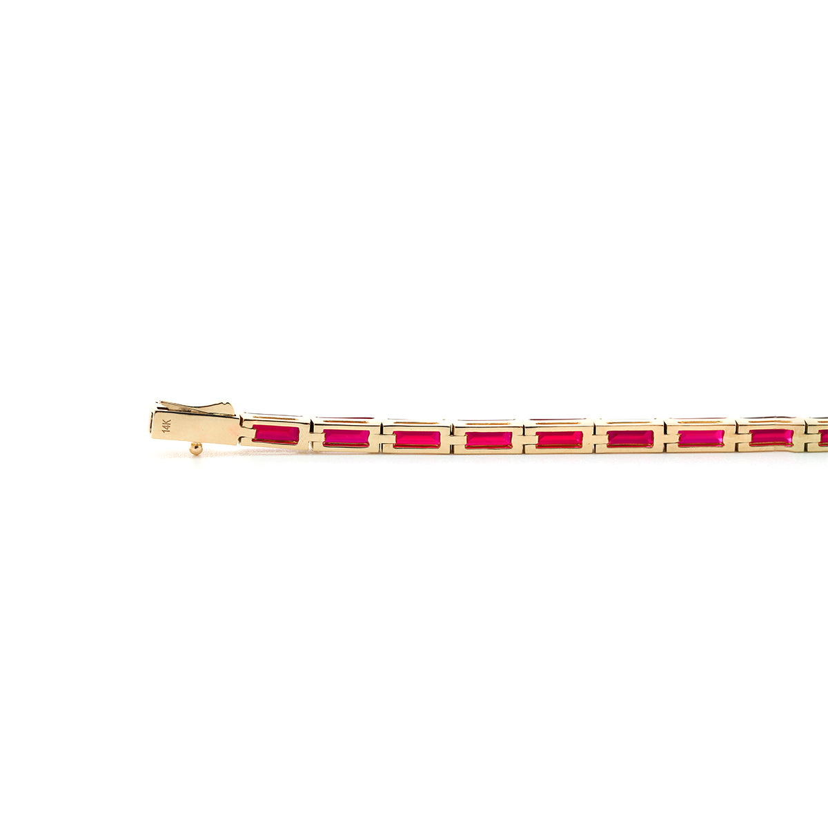 14K Yellow Gold Baguette Cut Lab Ruby Half Bezel Tennis Bracelet