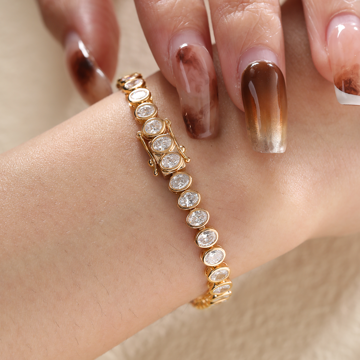 18K Yellow Gold Oval Cut Lab Diamond Bezel Tennis Bracelet