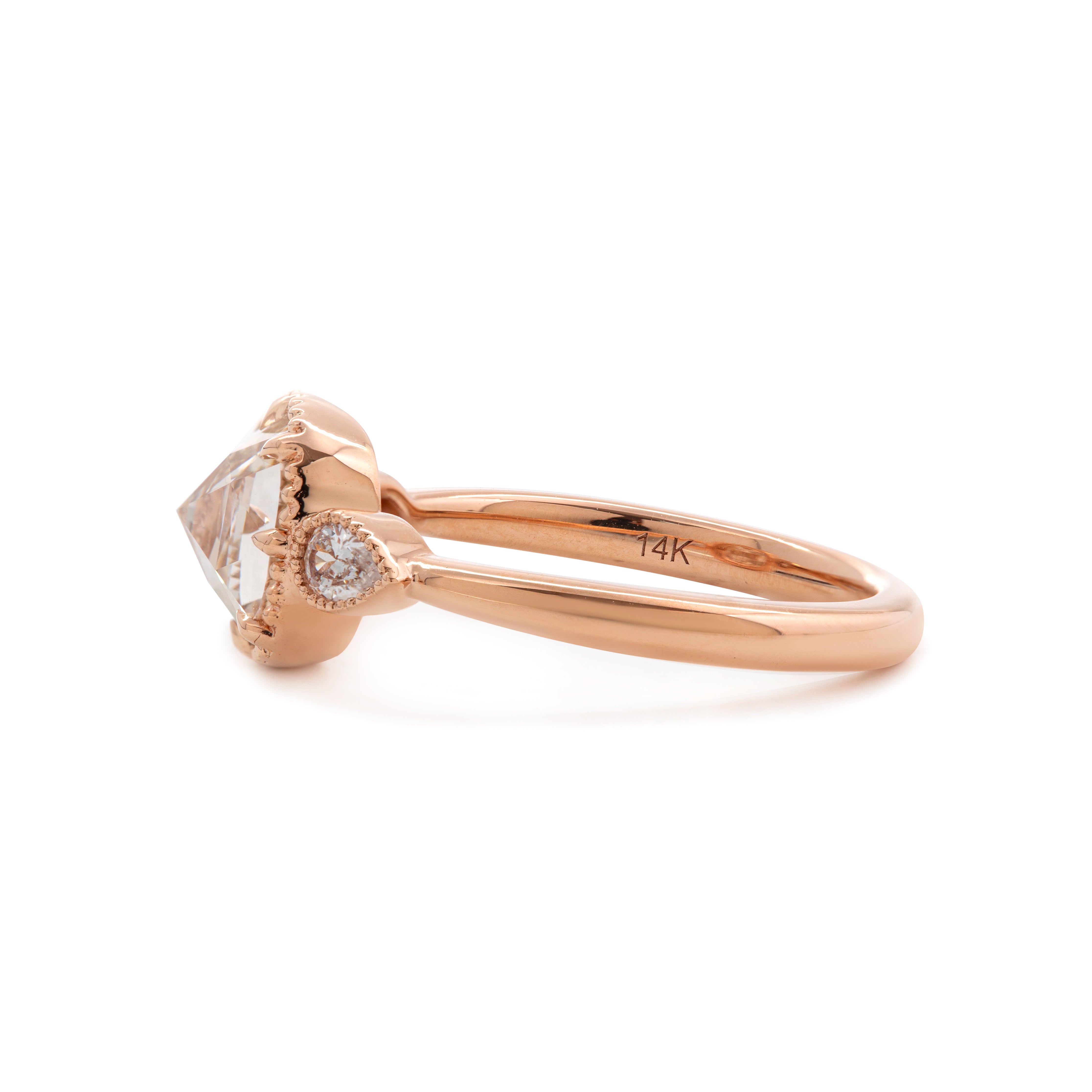 14K Rose Gold 1.5ct Cushion Rose Cut Lab Diamond Millegrain Bezel Three-stone Ring with Pear Shaped Side-stone Design