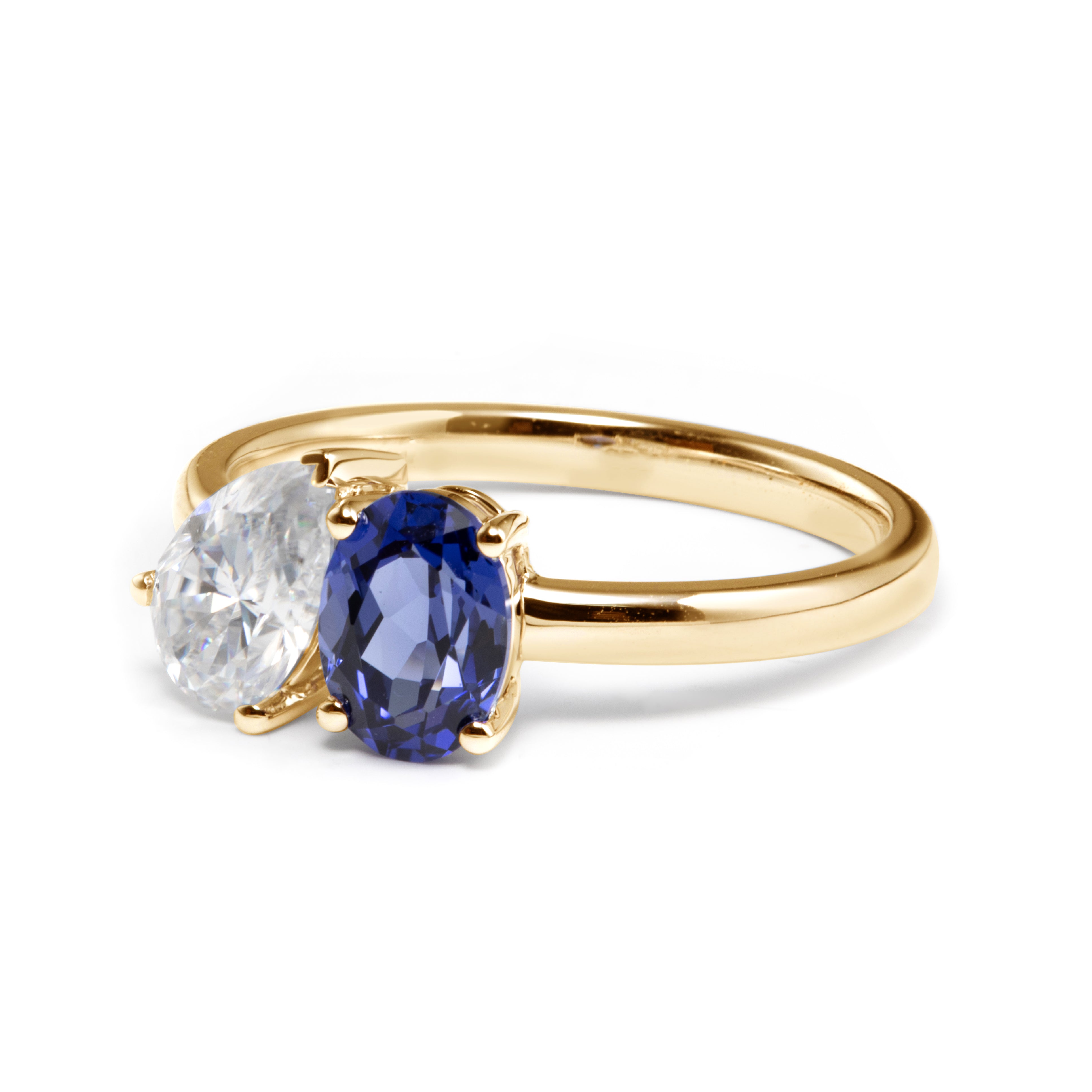 14K Yellow Gold Oval Cut Lab Sapphire and Pear Shaped Lab Diamond Toi et Moi Ring