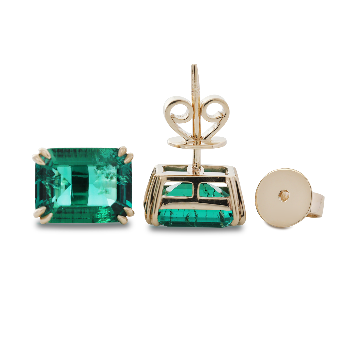 14K Yellow Gold 3.5 ct tw Zambian Lab Emerald Double Claw Prong Basket Stud Earrings