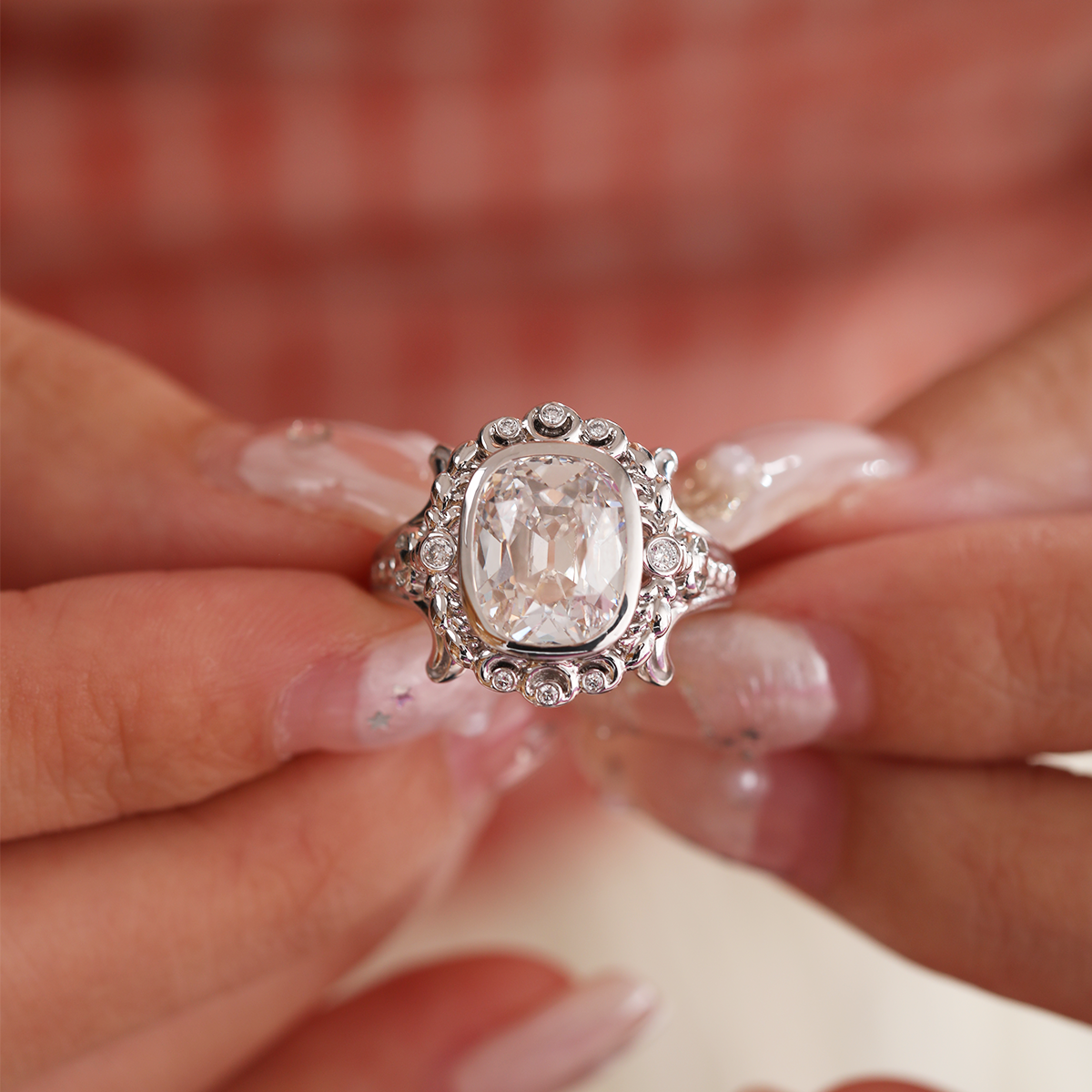 Platinum 4.5ct Elongated Lab Diamond Antique-inspired Ring