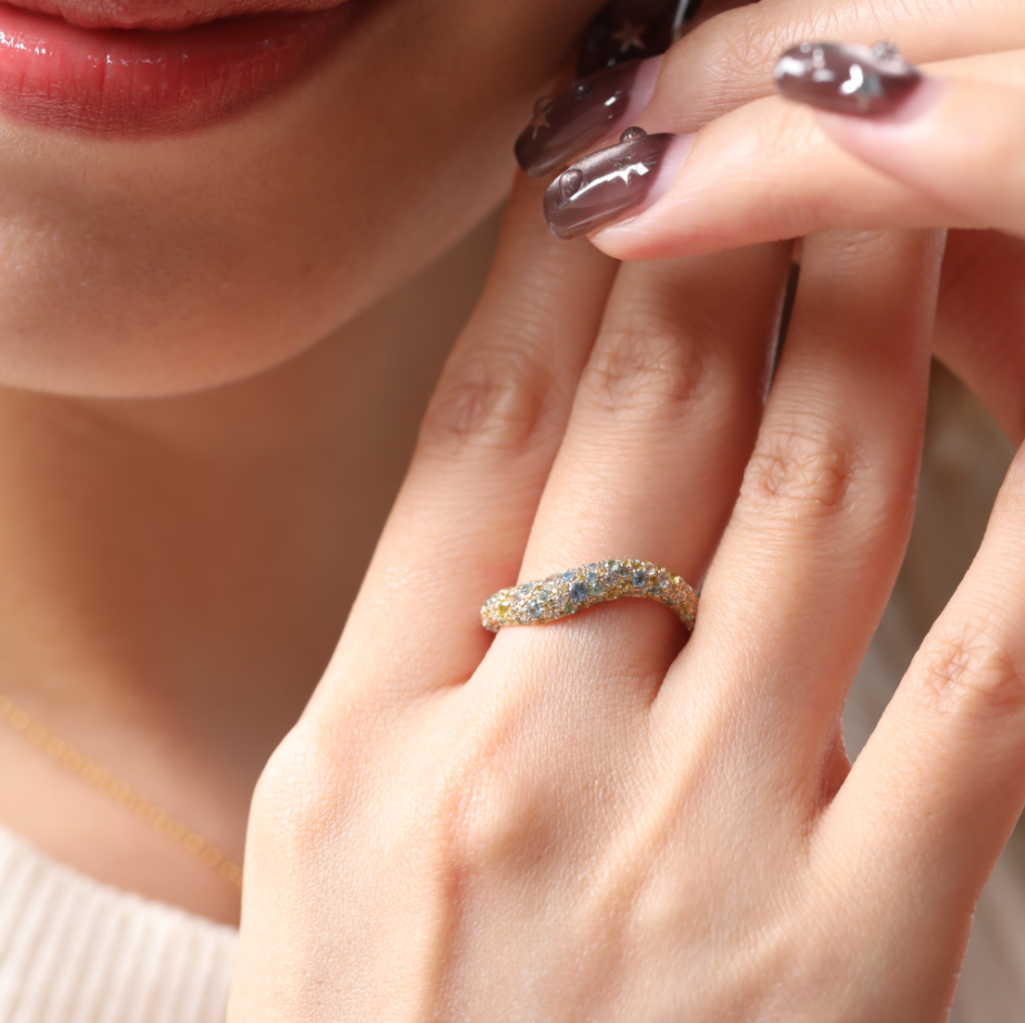 Round Synthetic Colored Sapphire Pave Wave Ring — One of a Kind Design