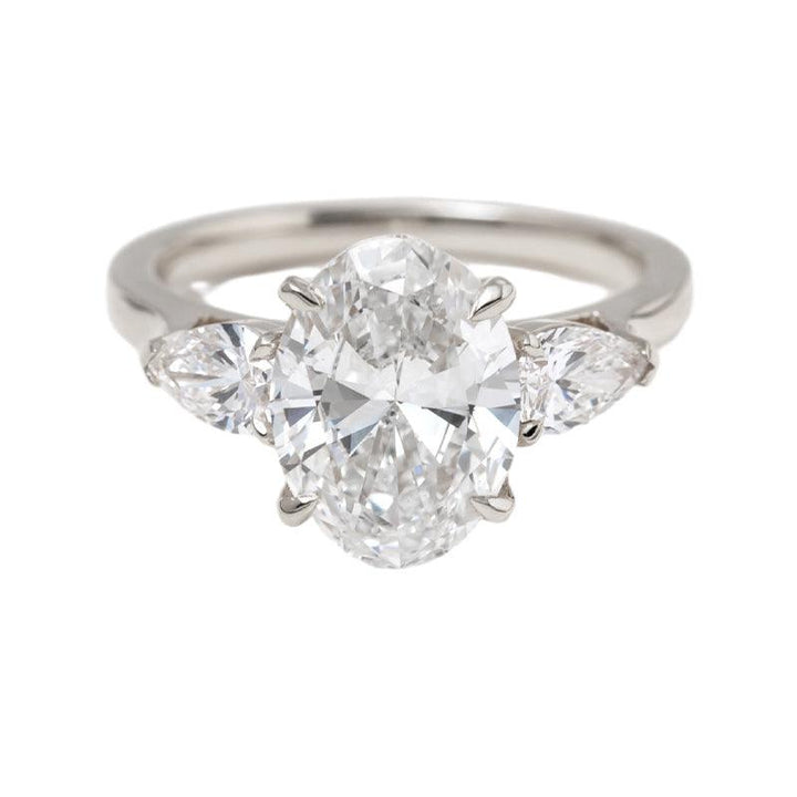 3 CT Oval Cut Lab Diamond 4 - Claw Floral Basket Three - Stone Ring with Pear Side Stones - FIORESE JEWELRY