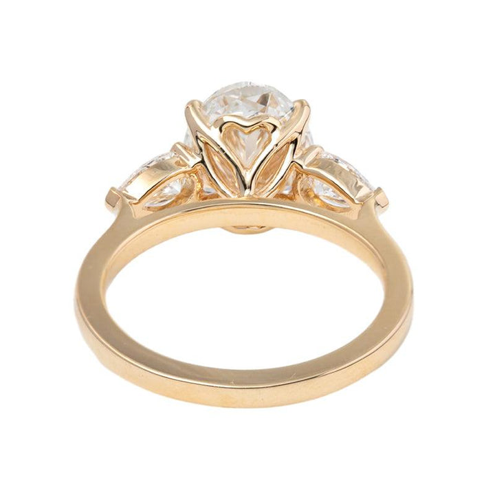 3 CT Oval Cut Lab Diamond 4 - Claw Floral Basket Three - Stone Ring with Pear Side Stones - FIORESE JEWELRY