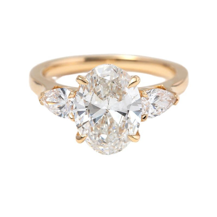 3 CT Oval Cut Lab Diamond 4 - Claw Floral Basket Three - Stone Ring with Pear Side Stones - FIORESE JEWELRY