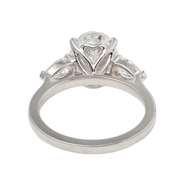 3 CT Oval Cut Lab Diamond 4 - Claw Floral Basket Three - Stone Ring with Pear Side Stones - FIORESE JEWELRY