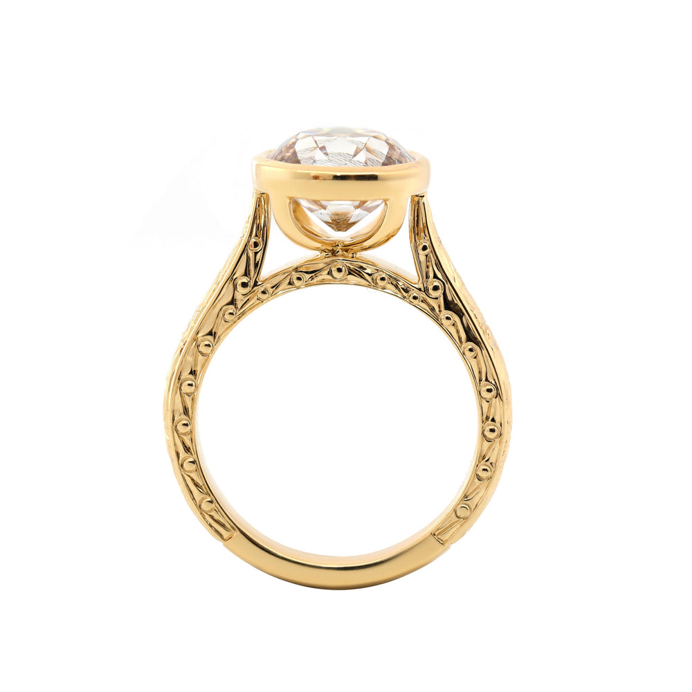 3.19CT Bezel Set Cathedral Design Hand - Engraved Motif Old European Cut Lab Diamond Ring - FIORESE JEWELRY