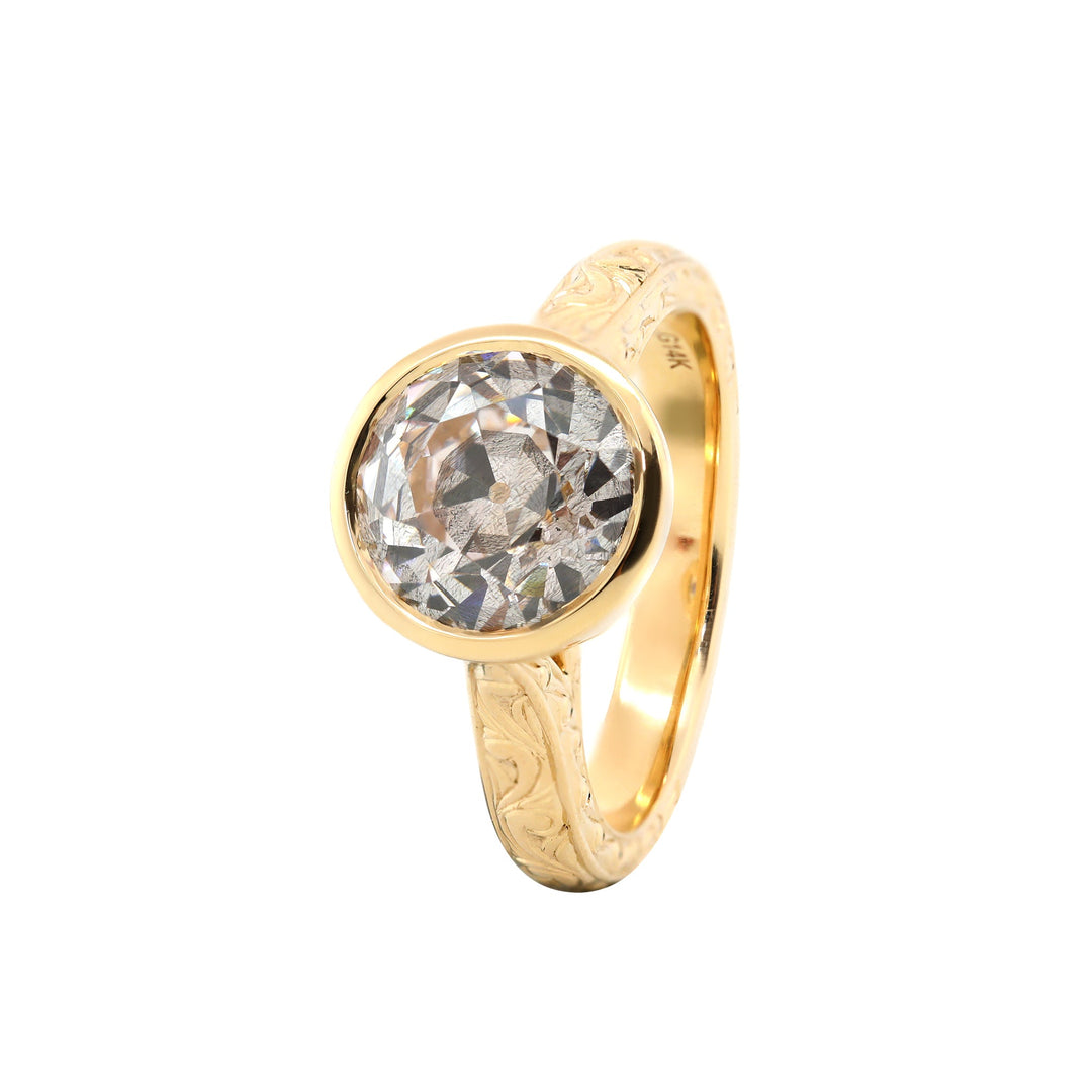 3.19CT Bezel Set Cathedral Design Hand - Engraved Motif Old European Cut Lab Diamond Ring - FIORESE JEWELRY