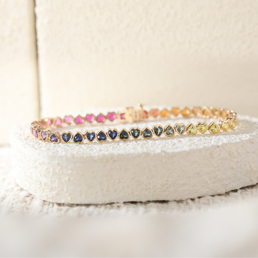 3×3mm Heart-Shaped Rainbow Corundum Bezel Tennis Bracelet - FIORESE JEWELRY