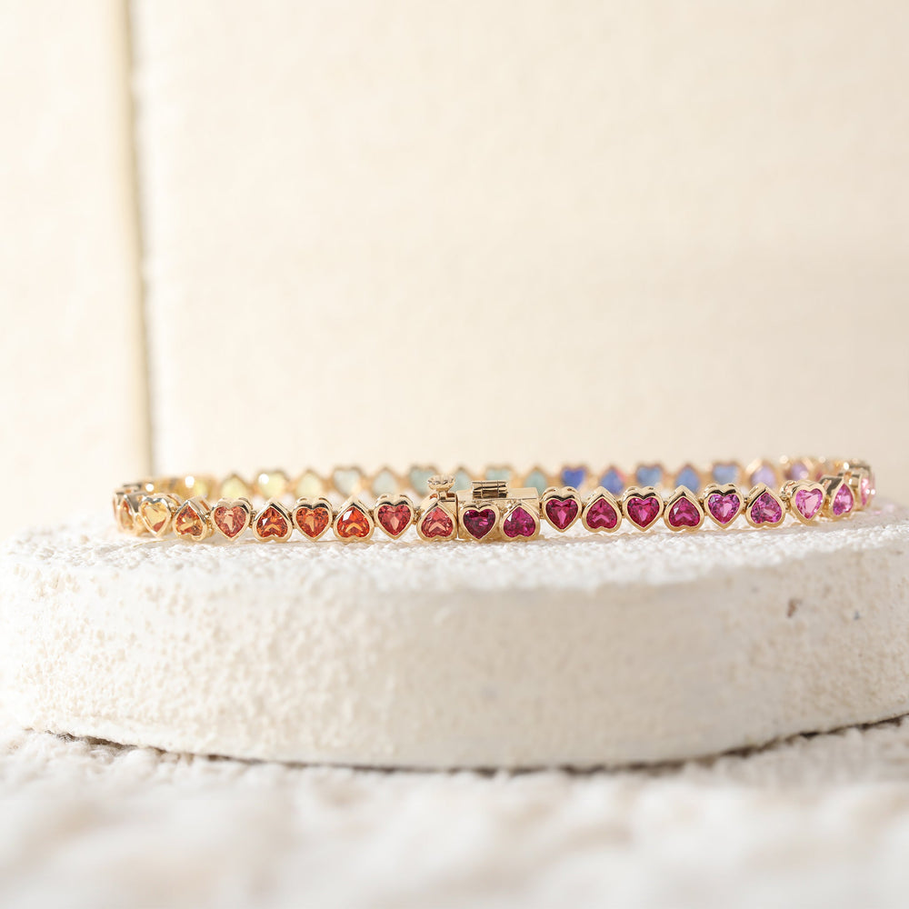 3×3mm Heart-Shaped Rainbow Corundum Bezel Tennis Bracelet - FIORESE JEWELRY
