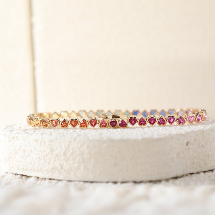3×3mm Heart-Shaped Rainbow Corundum Bezel Tennis Bracelet - FIORESE JEWELRY