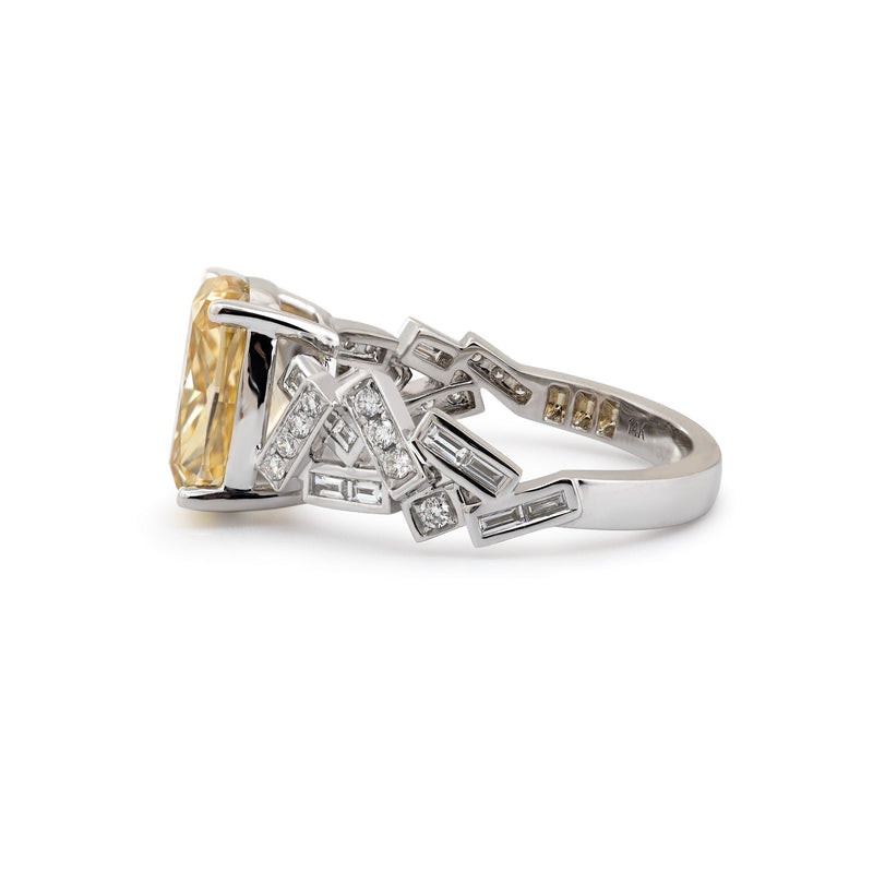 3.49CT Cushion Lab Yellow Lab Diamond Ring with Geometric - designed Band - FIORESE JEWELRY