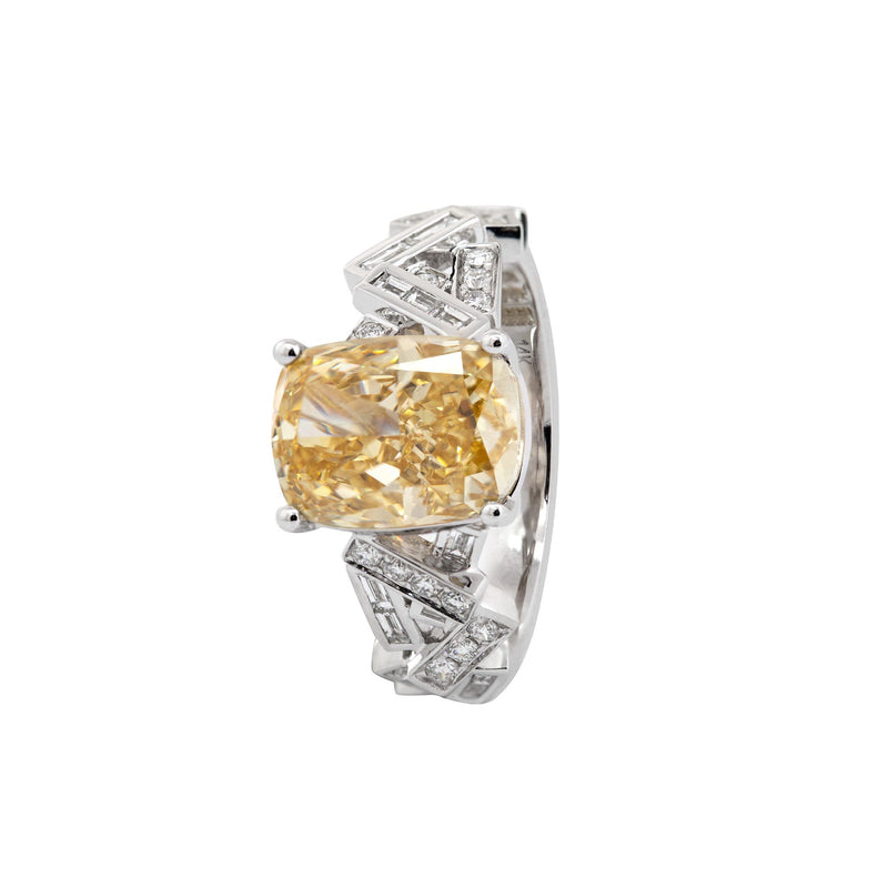 3.49CT Cushion Lab Yellow Lab Diamond Ring with Geometric - designed Band - FIORESE JEWELRY