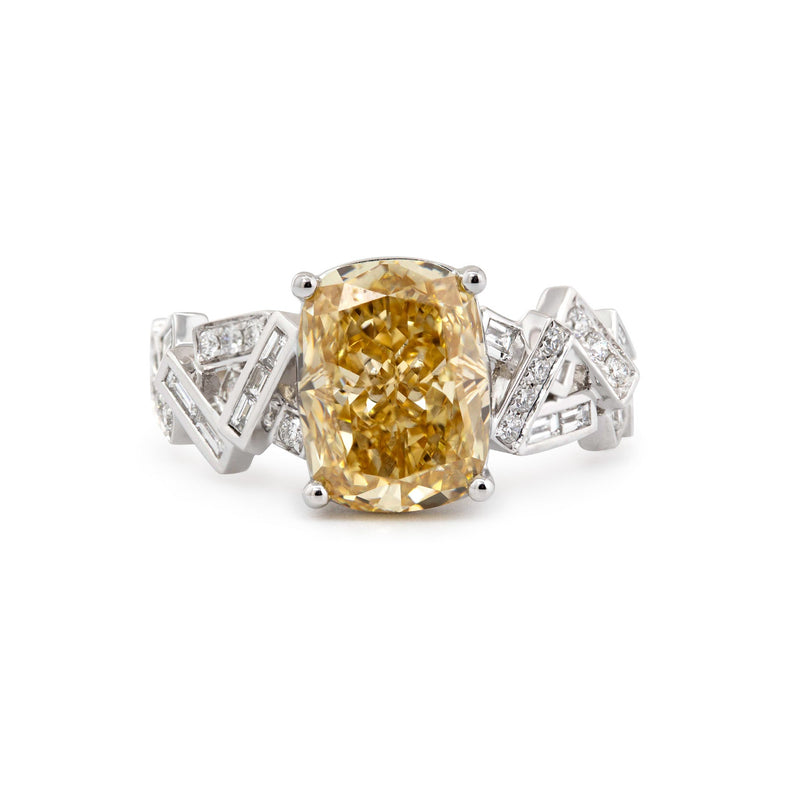 3.49CT Cushion Lab Yellow Lab Diamond Ring with Geometric - designed Band - FIORESE JEWELRY