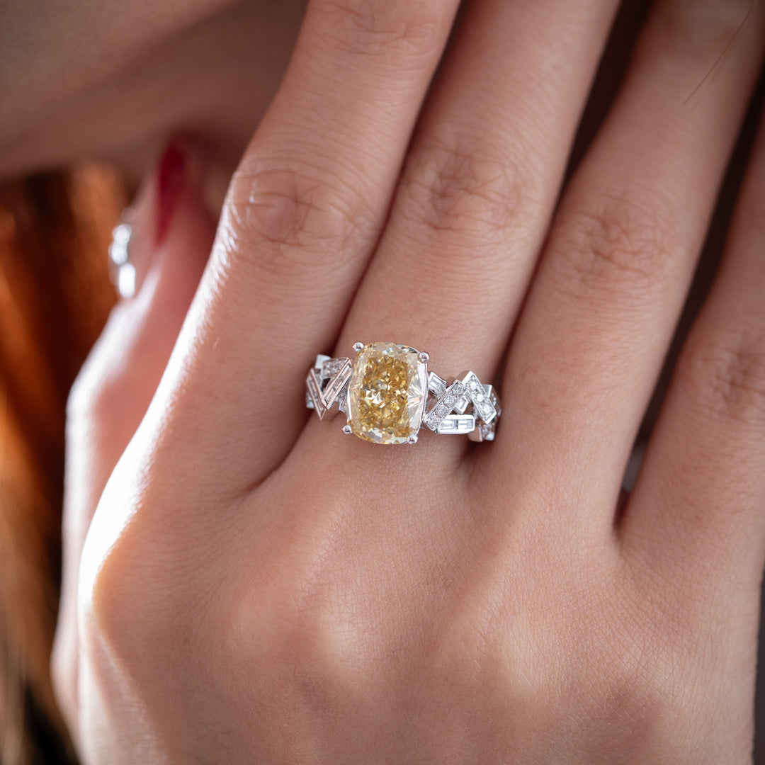 3.49CT Cushion Lab Yellow Lab Diamond Ring with Geometric - designed Band - FIORESE JEWELRY