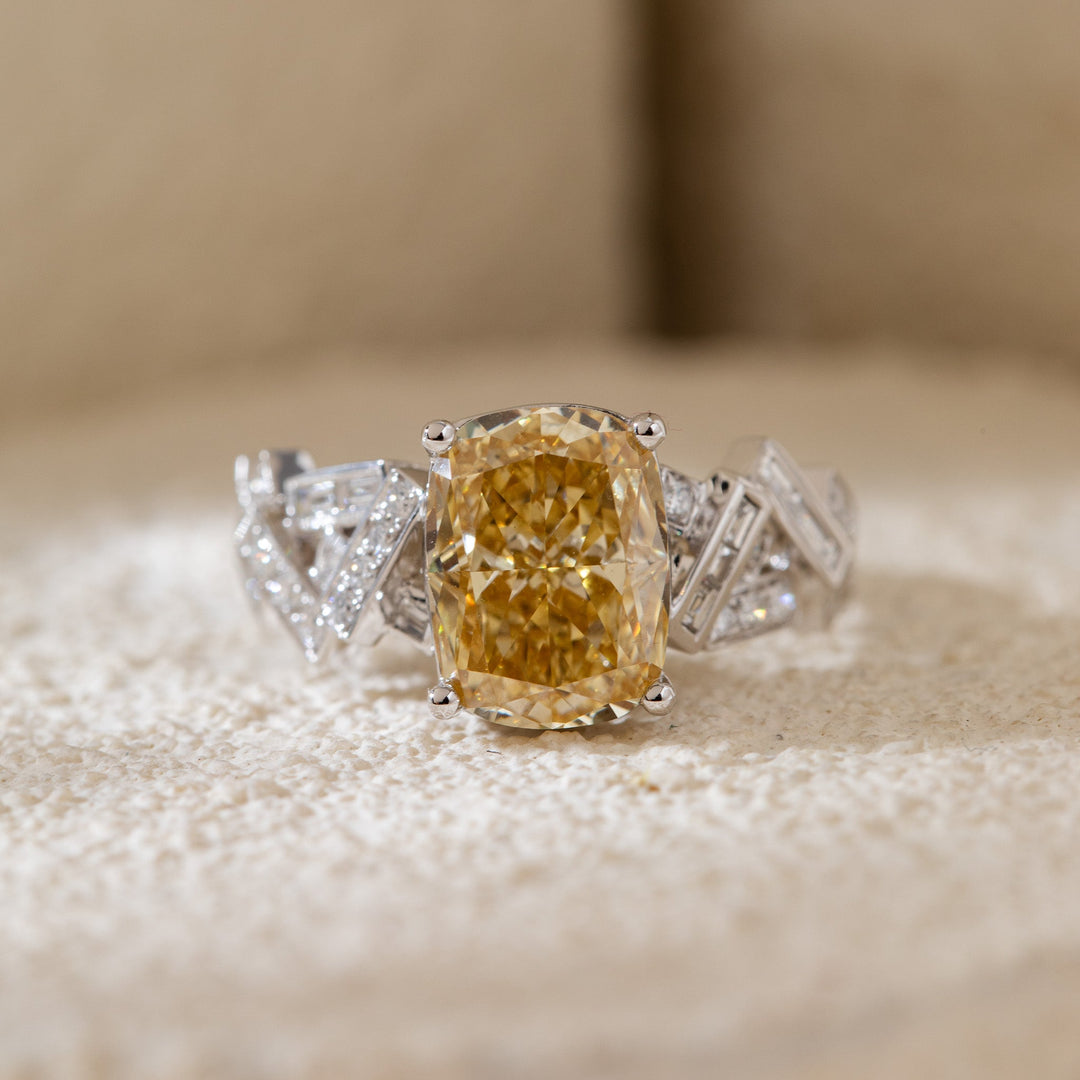 3.49CT Cushion Lab Yellow Lab Diamond Ring with Geometric - designed Band - FIORESE JEWELRY