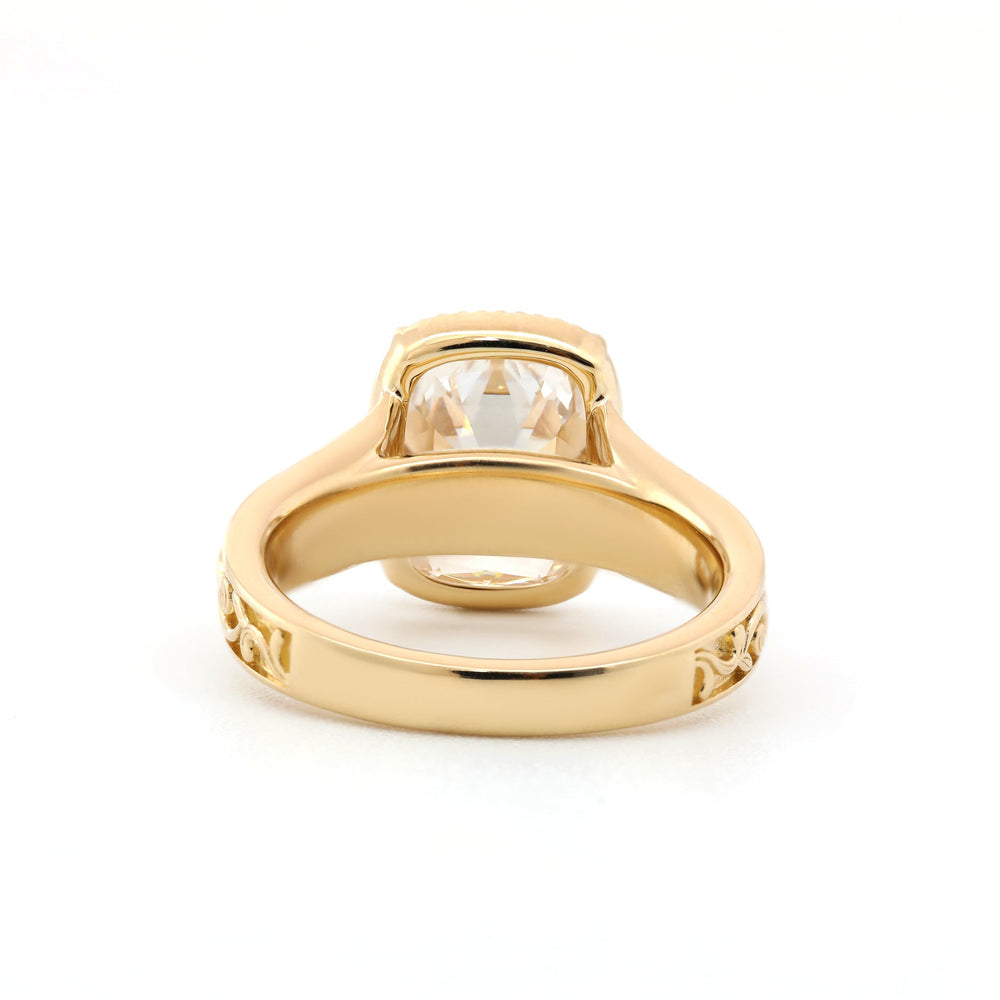 3.7CT Cushion Old Mine Cut Lab Diamond Beaded Bezel Set Hand - Engraved Motif Band Ring - FIORESE JEWELRY