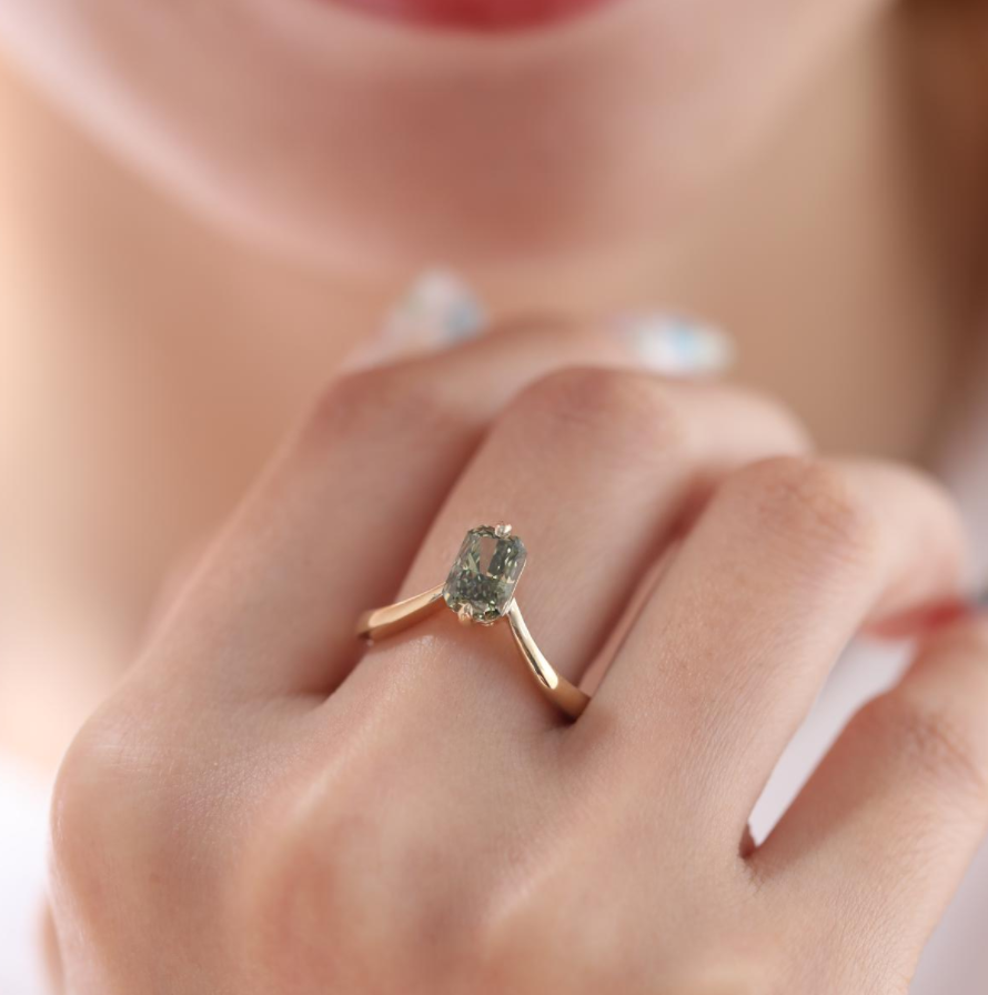 14K Yellow Gold Radiant Cut Green Lab Diamond Sylvan Crown Ring with a Hidden Round Diamond