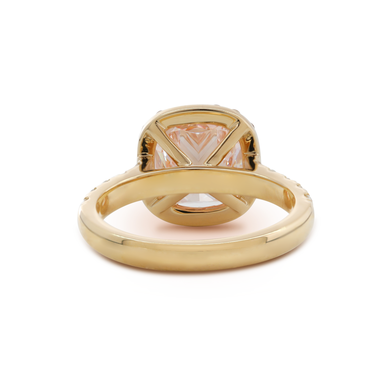 14K Yellow Gold 3ct Cushion Cut Pink Lab Diamond Ring with Round Lab Diamond Halo and U-shape Pave