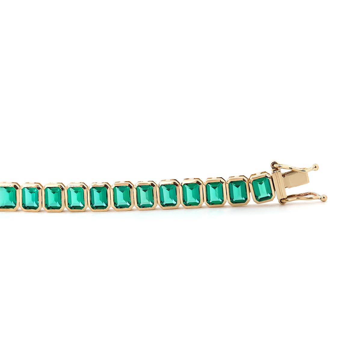 14K Yellow Gold Emerald Cut Lab Zambian Emerald Bezel Tennis Bracelet