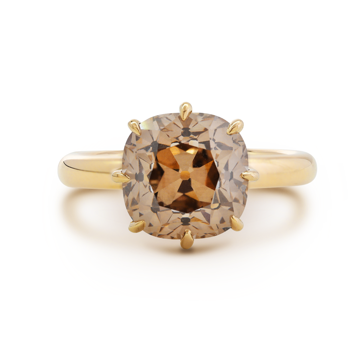 14K Yellow Gold 4.5ct Old Mine Cut Brown Lab Diamond 8 Claw Prongs Crown Setting Solitaire Ring