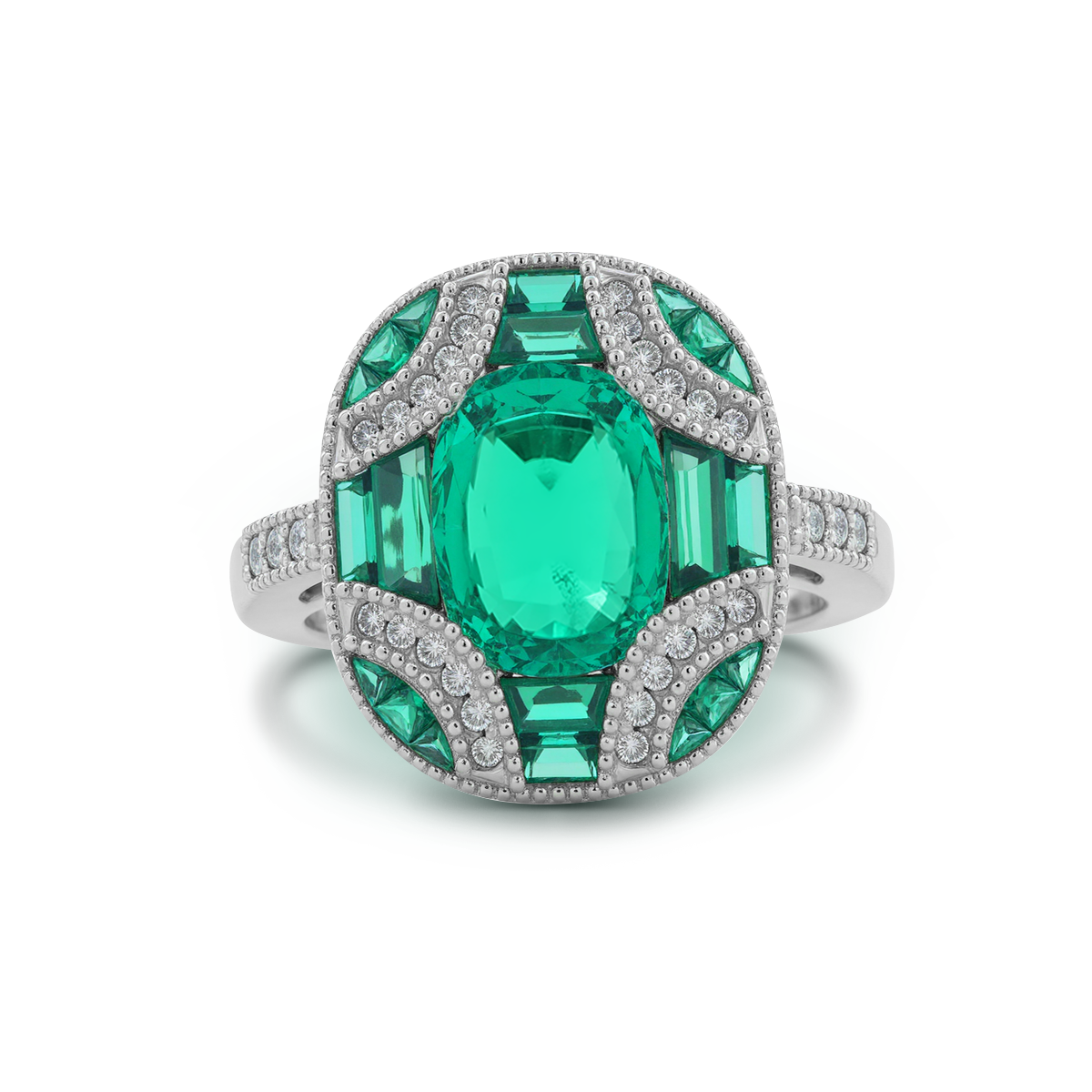 18K White Gold 2ct Cushion Lab Columbian Emerald Millegrain Invisible Setting Vintage Ring with Round Lab Diamond and Mixed Cut Lab Columbian Emerald Side-stones Monthly Deals