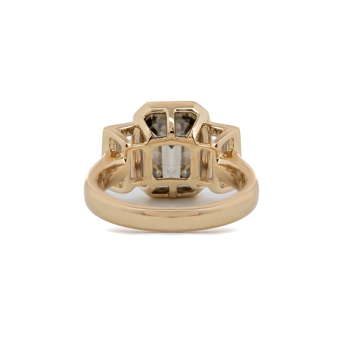 14K Yellow Gold 3.5ct Emerald Cut Brown Lab Diamond Three-stone Bezel Ring with Two Baguette Cut Lab Diamonds
