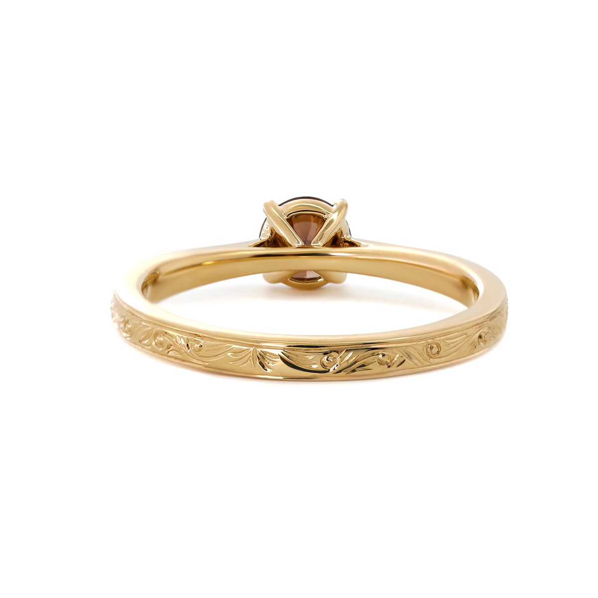 14K Yellow Gold Brown Round Cut Lab Diamond 4 Claw Prong Cathedral Setting Solitaire Ring with Floral Engraving
