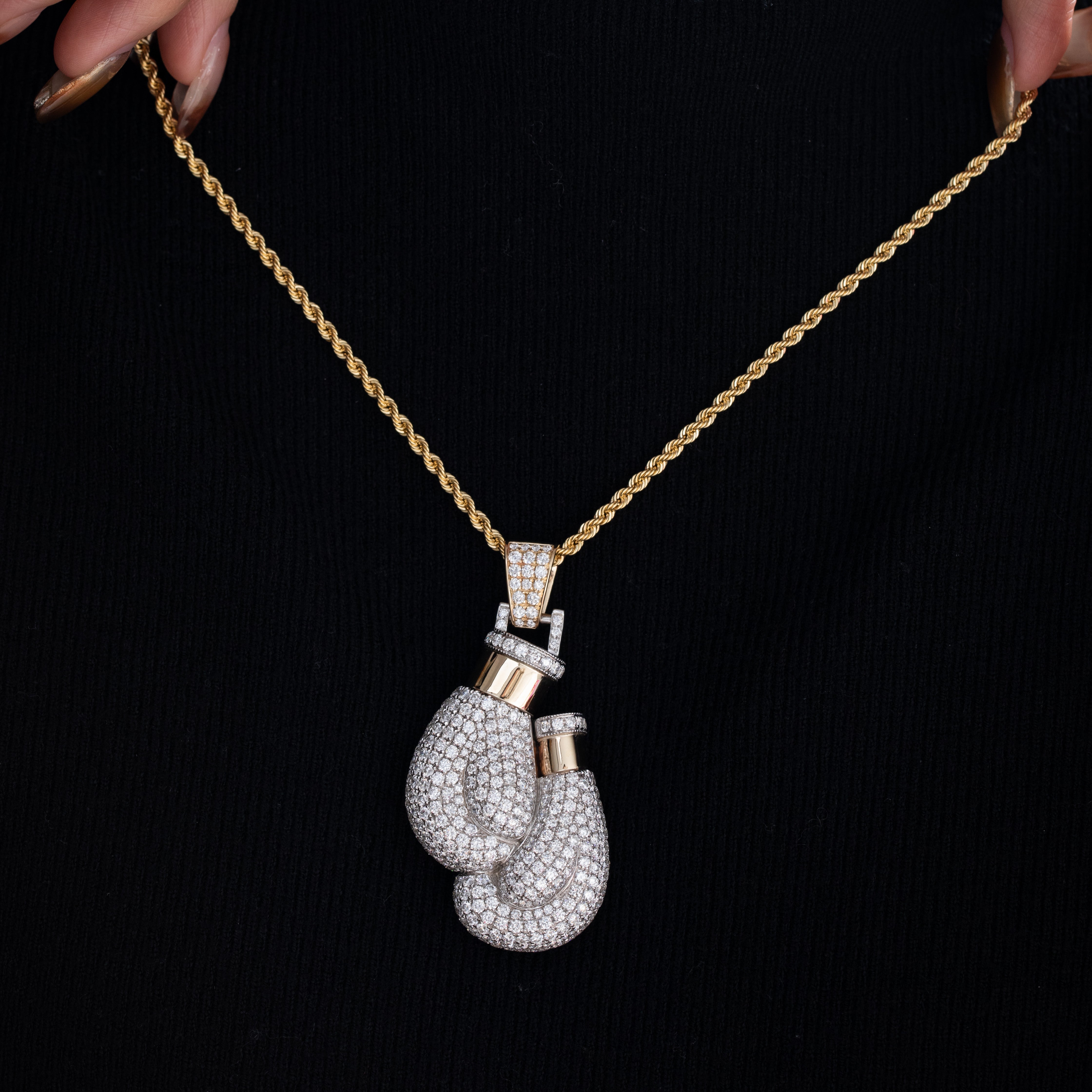 14K Yellow & White Gold Lab Diamond Boxing Gloves Pendant – Hip Hop Iced Out Necklace