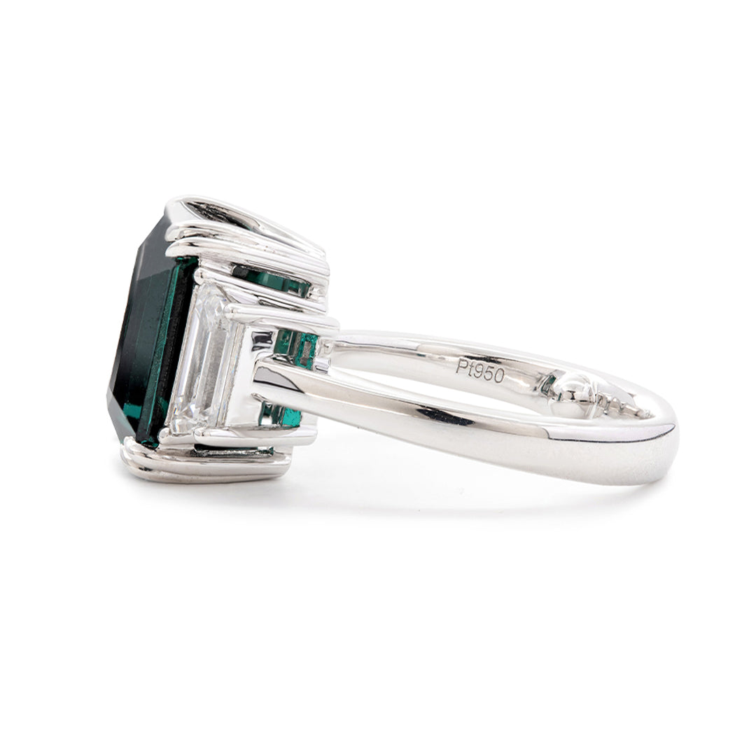 Platinum 9.4ct Verdelite Green Tourmaline Three-stone Ring with Step Cut Trapezoid Lab Diamond Side-stones