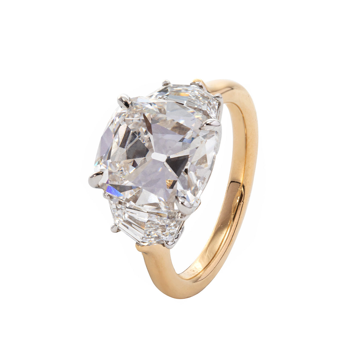 18K White Gold & Yellow Gold 4.5ct Old Mine Cut & Step cut Eldorado Lab Diamond Three Stone Ring