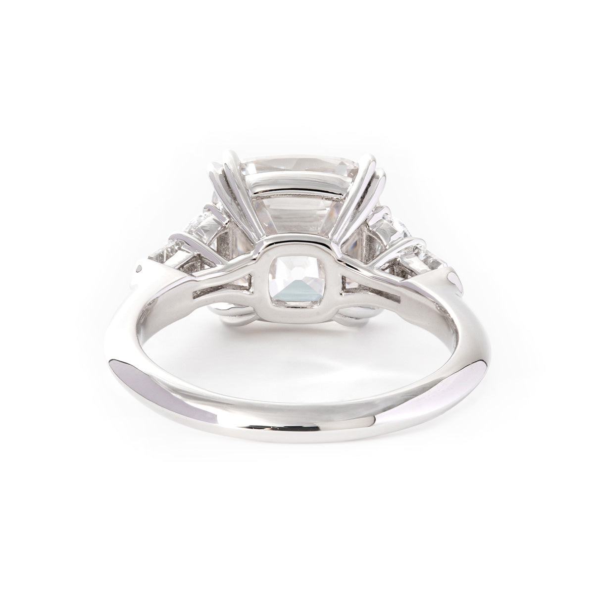 Platinum 4ct Old Mine Cut Lab Diamond Double Claw Prong Basket 5 Stone Ring with Half Moon and Bullet Cut Lab Diamond Side-stone