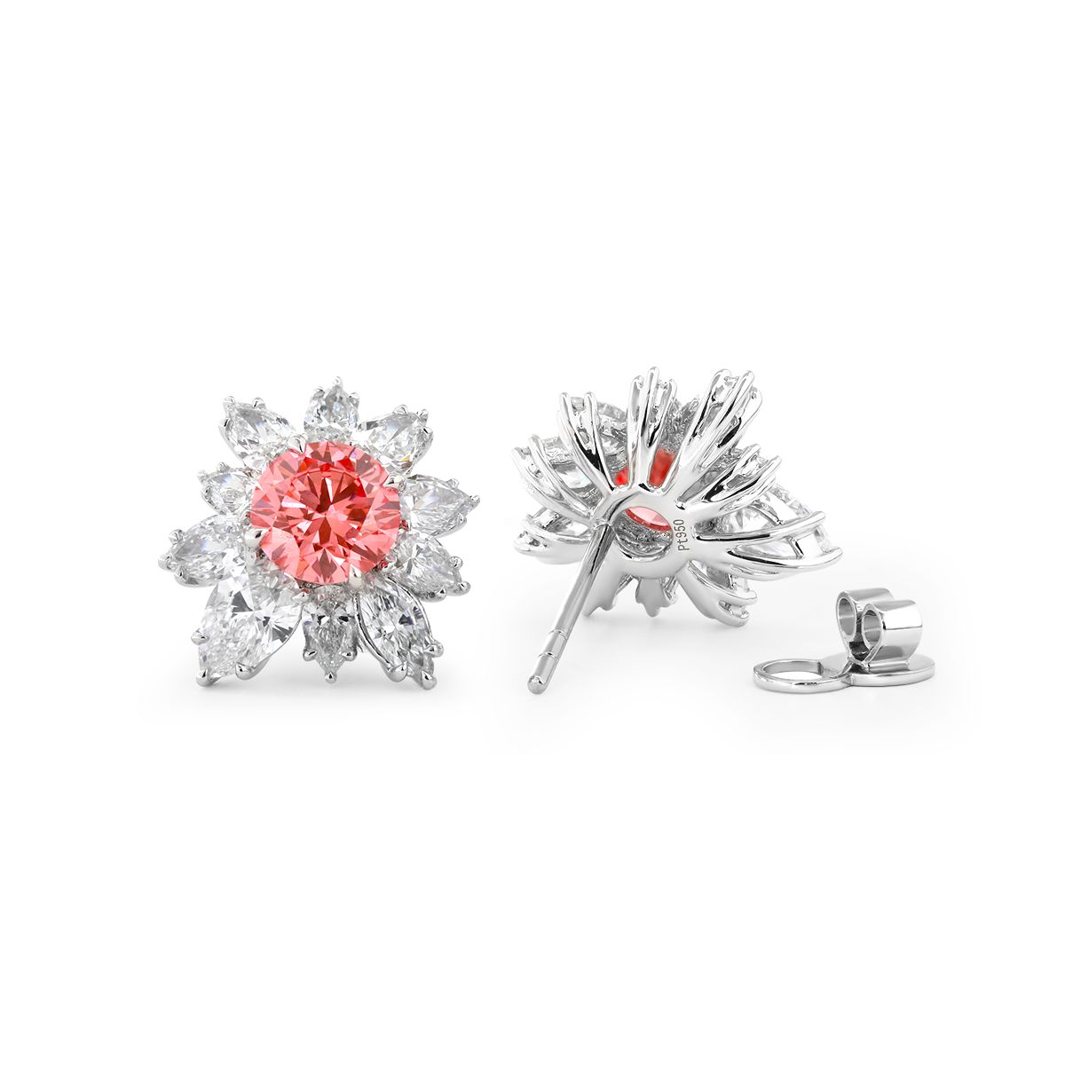 Platinum 2 ct tw Pink Round Cut Lab Dimaond Floral Nature-Inspired Stud Earrings