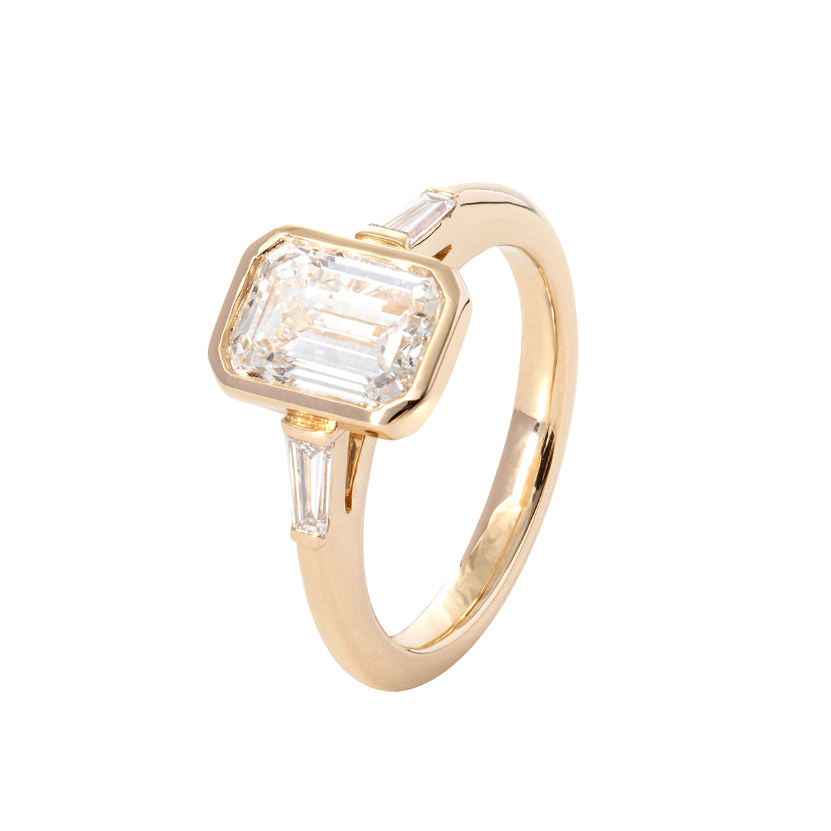 14K Yellow Gold 1.5ct Emerald Cut Lab Diamond Elongated Trapezoid Cut Three-stone Bezel Engagement Ring