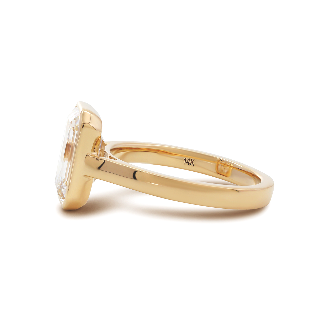 14K Yellow Gold 3ct Emerald Cut Lab DIamond Bezel Solitaire Ring