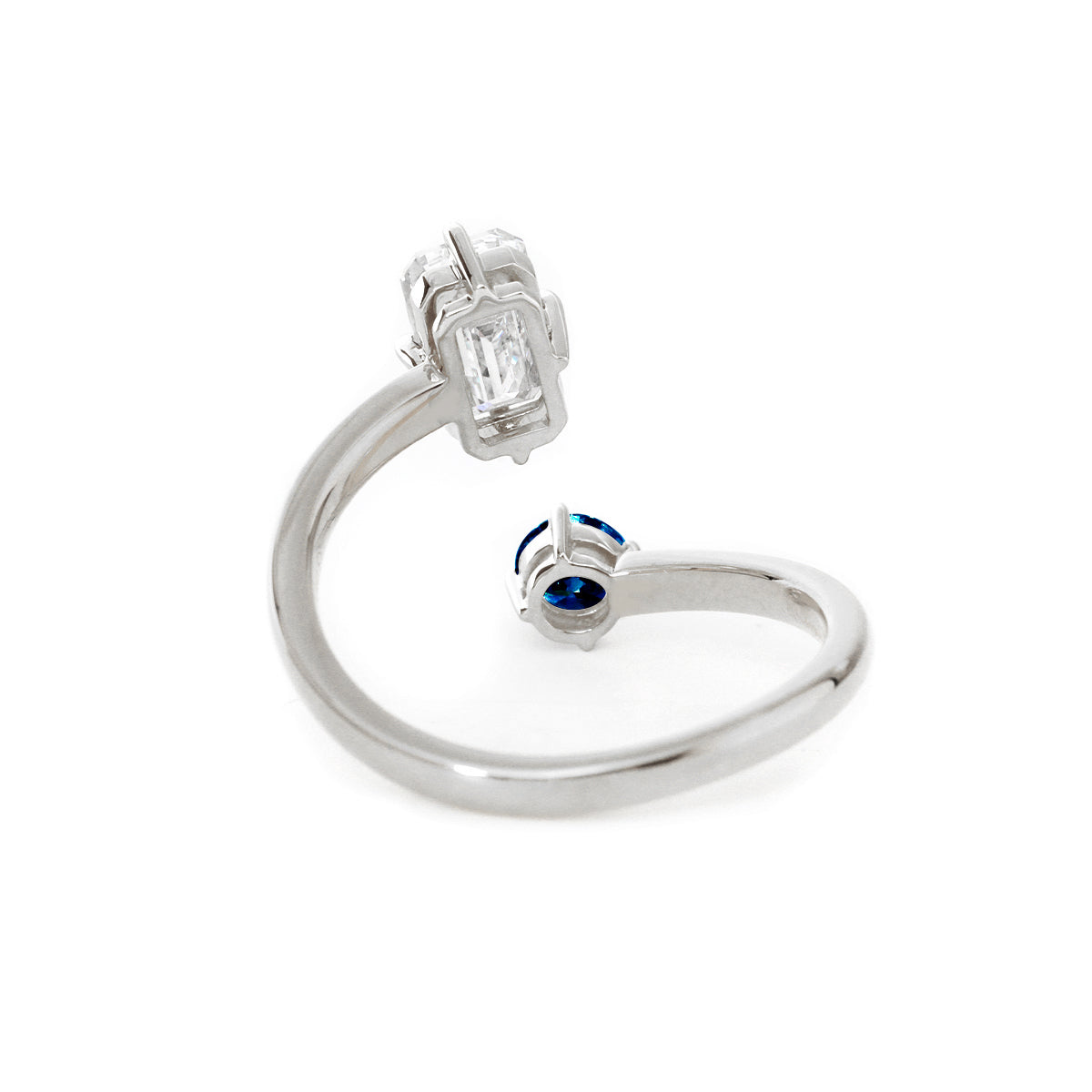 14K Yellow Gold Emerald Cut Lab Diamond & Round Lab Sapphire Toi et Moi Ring