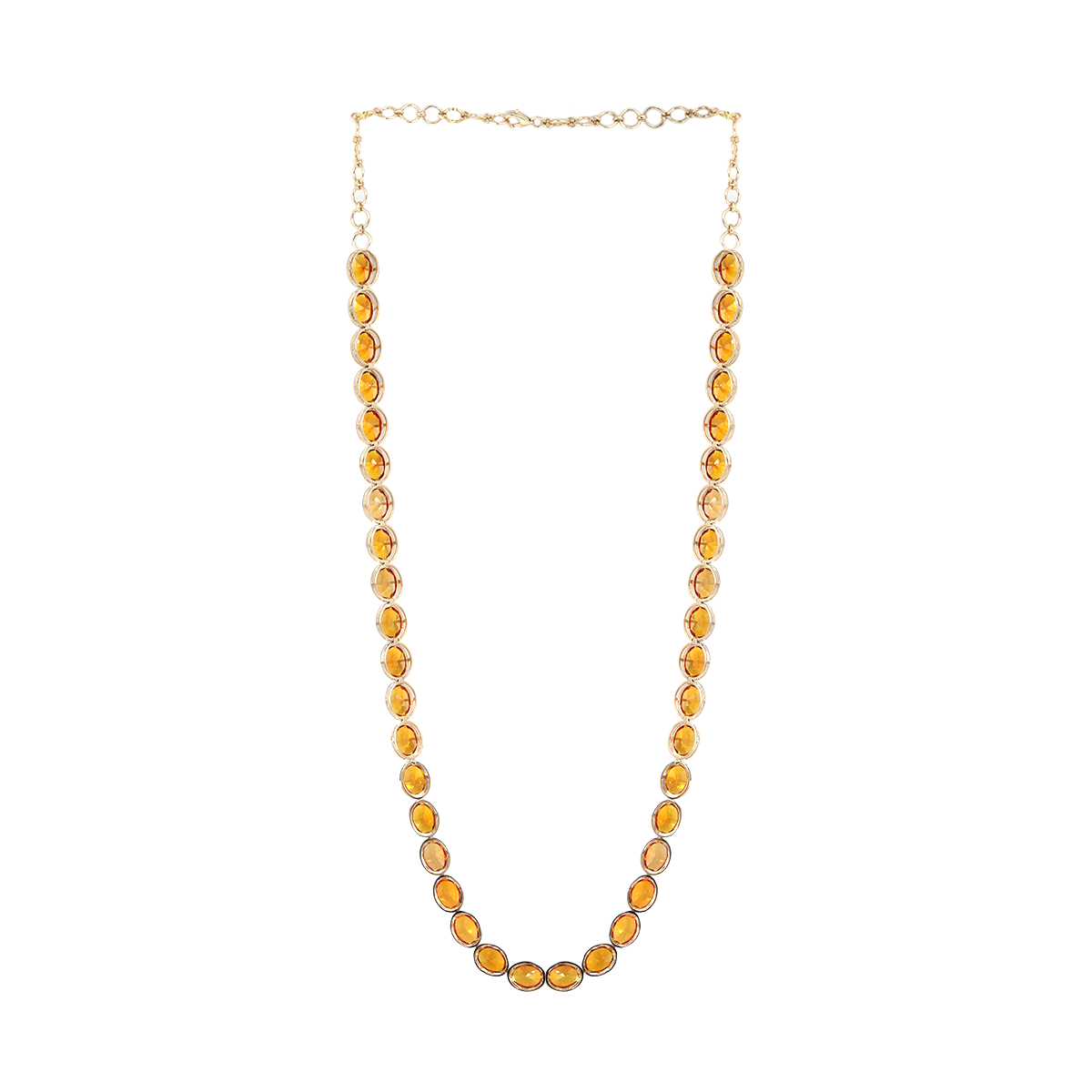 14K Yellow Gold Oval Lab Orange Sapphire Bezel Tennis Necklace with Adjustable Chain