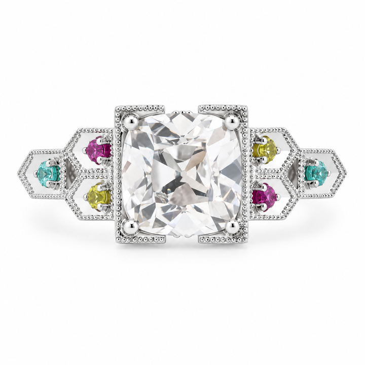 OMC Diamond Millegrain Ring with Fancy Color Gem Side Stones