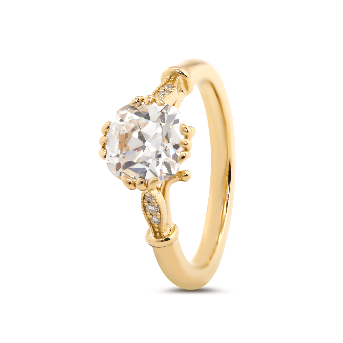 14K Yellow Gold 1.5ct Old Mine Cut Lab Grown Diamond Triple Prong Floral Basket Setting Vintage Ring – Art Nouveau Nature-Inspired Design