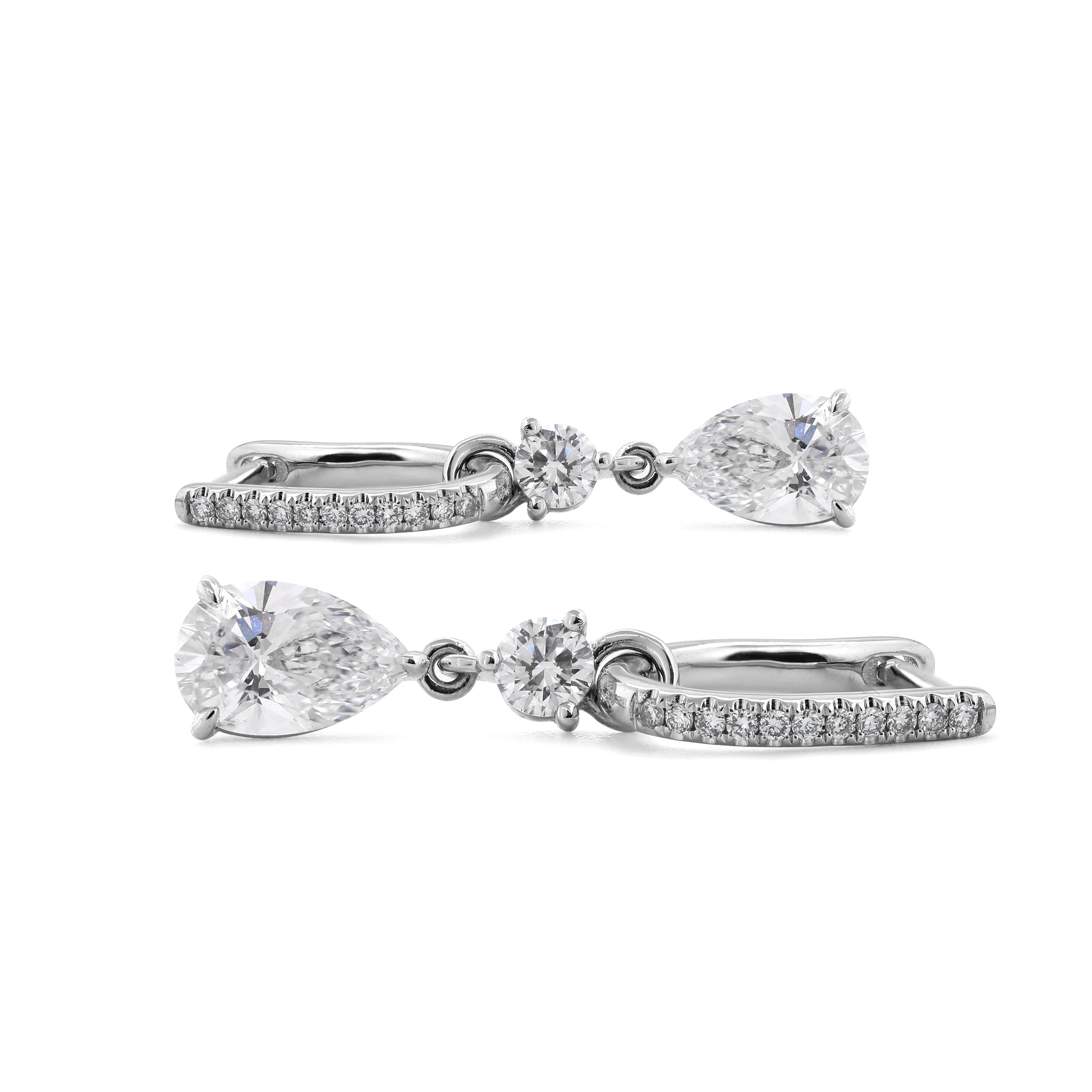 2.5 ct tw Pear Cut and Round Cut Lab Diamond Three Prong Basket Hoop Earrings