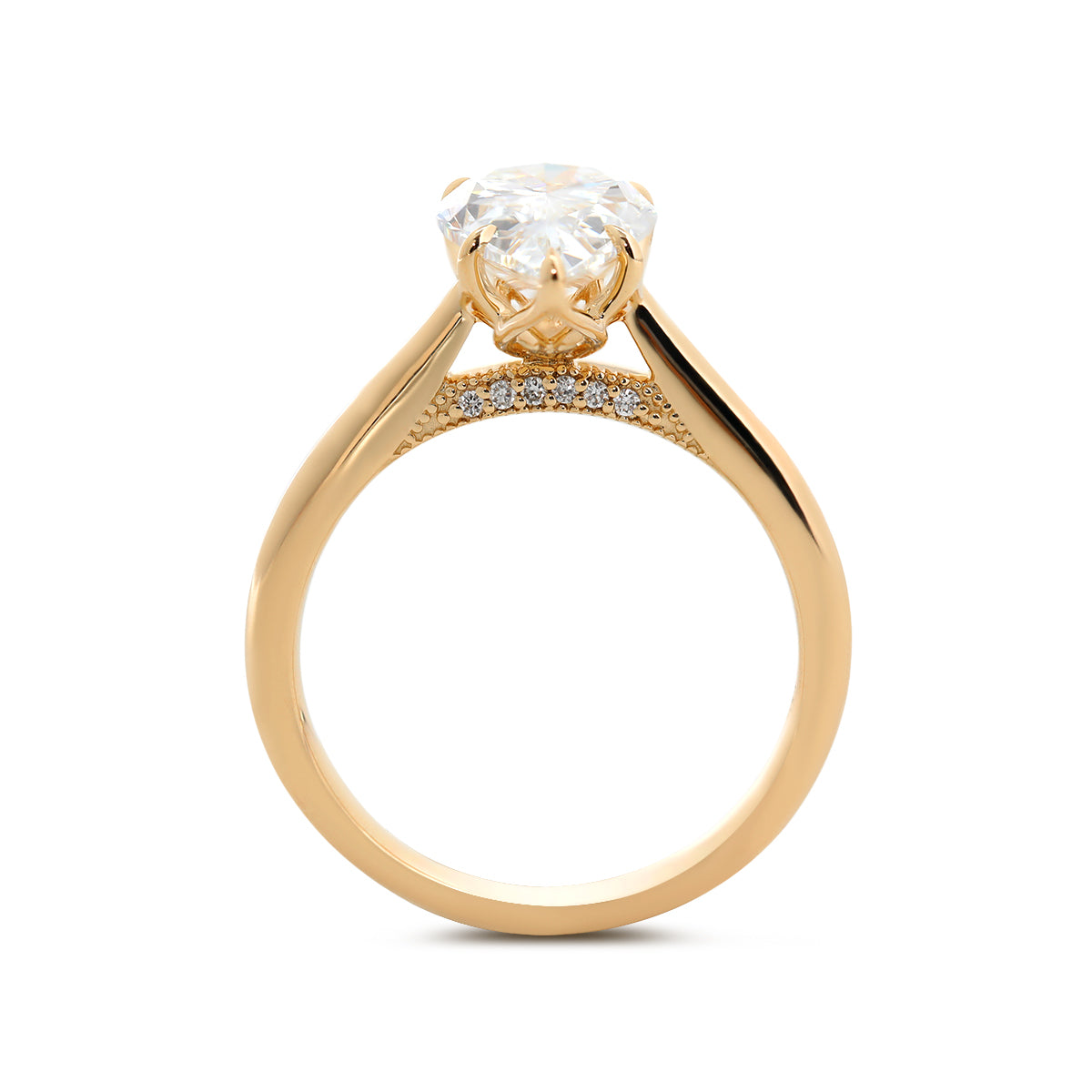 14K Yellow Gold 2ct Pear Cut Lab Diamond 6 Claw Prongs Floral Basket Ring with Hidden Round Diamond Millegrain Pave