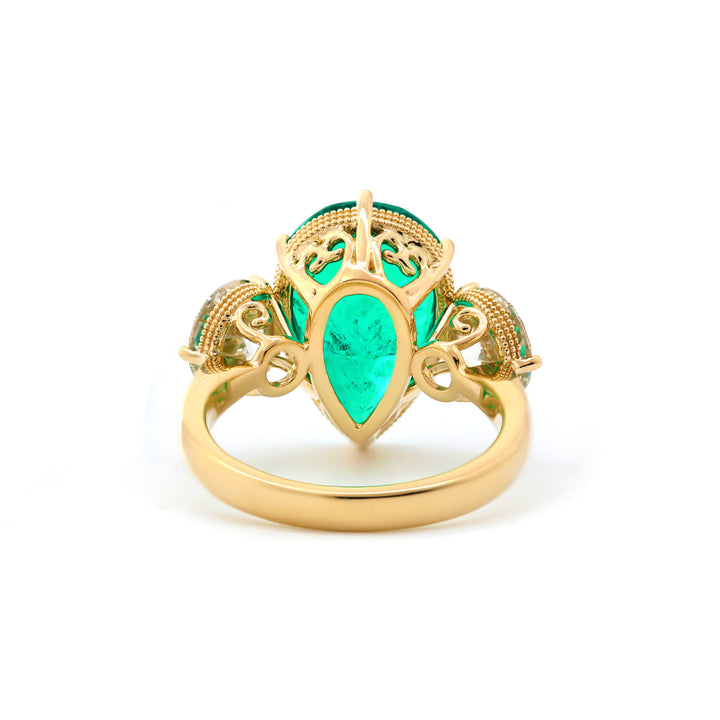 Pear Lab Emerald Three-Stone Engagement Ring with Old European-Cut Lab Diamond Side Stones