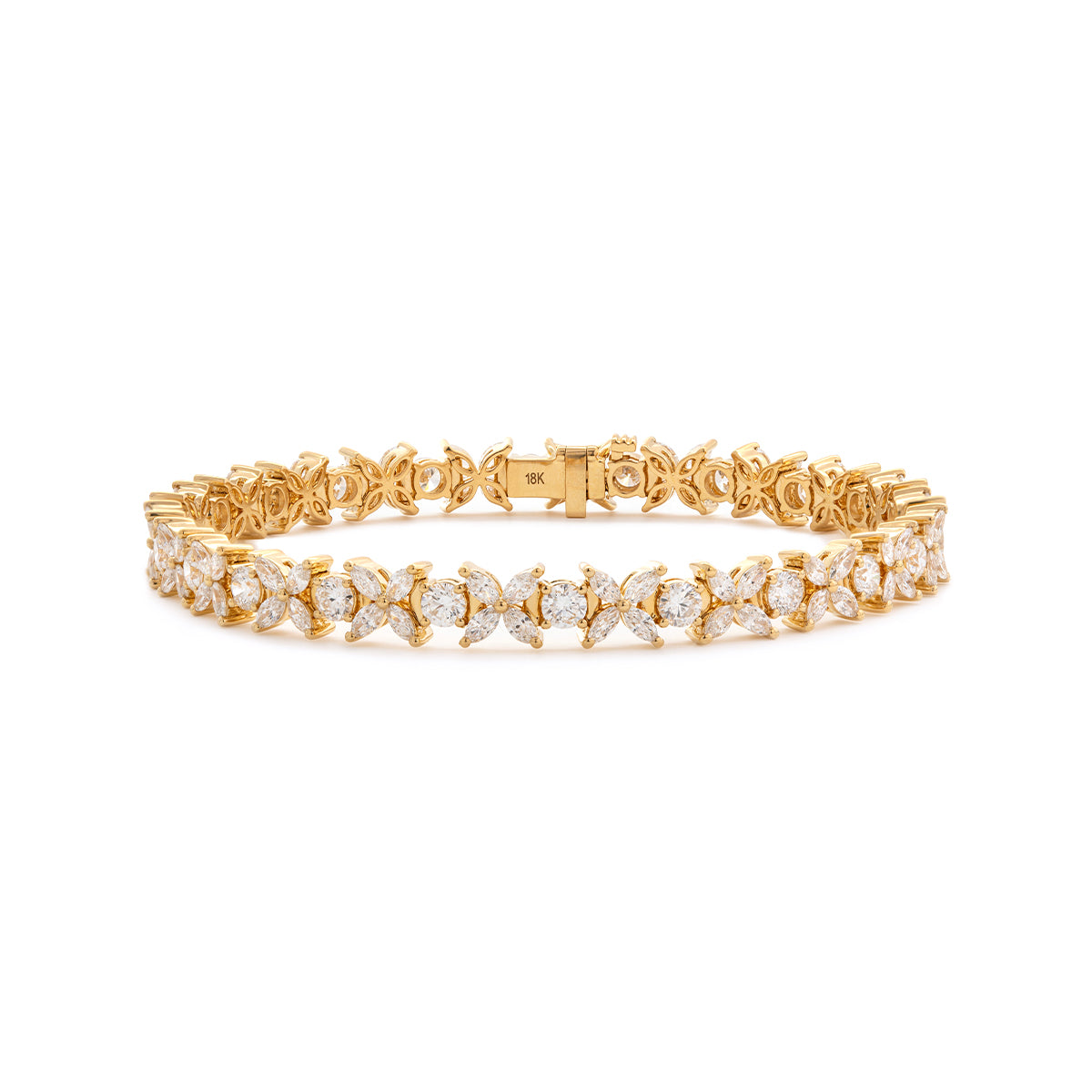 18K Yellow Gold Marquise Cut & Round Cut Lab Diamond Flowral Tennis Bracelet