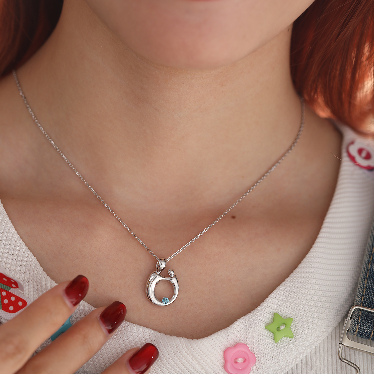14K White Gold Mother and Child Pendant Necklace with Blue Round Lab Diamond