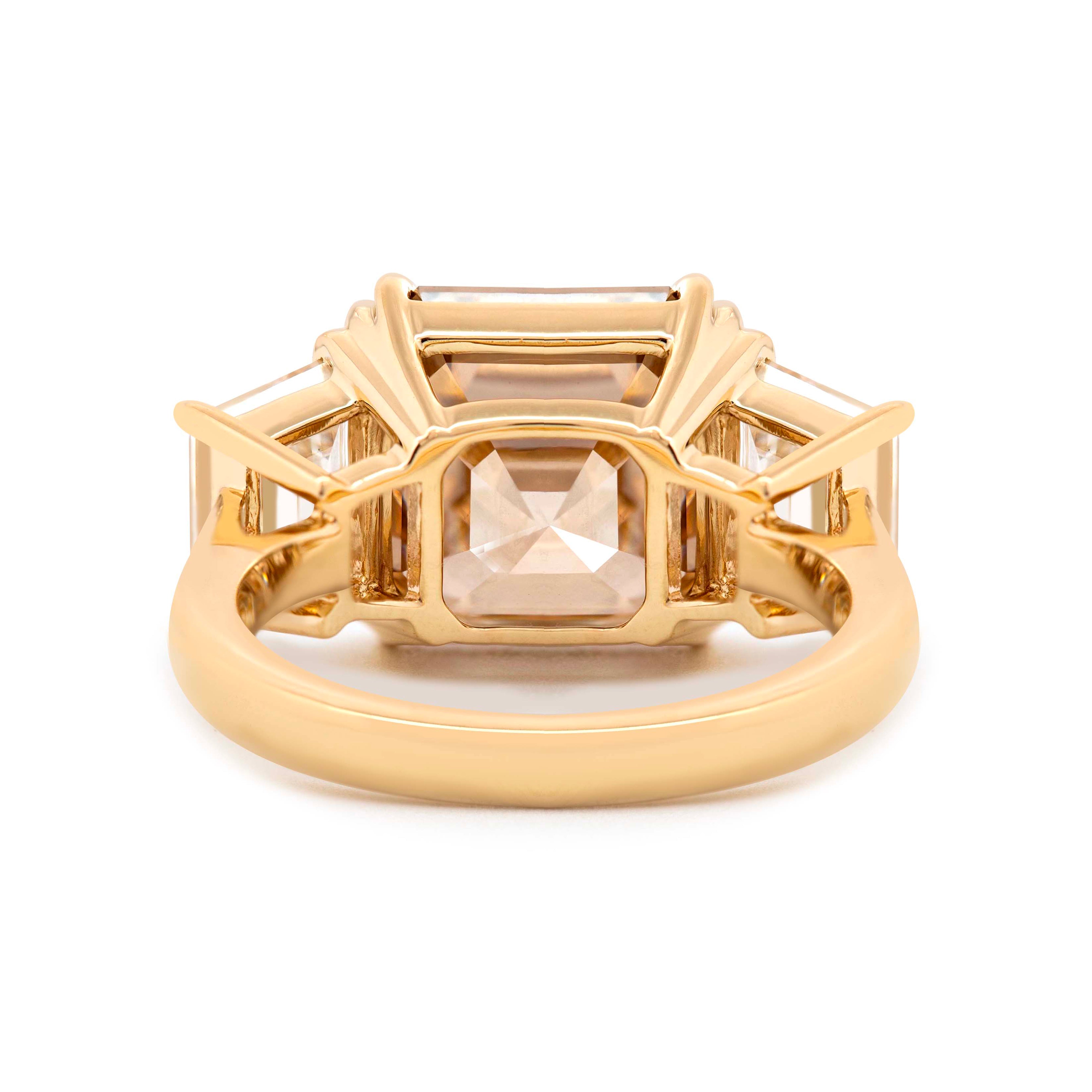 14K Yellow Gold 7ct Asscher Cut Brown Lab Diamond Double Claw Prongs Three-stone Ring with Two Trapezoid Step Cut Diamonds
