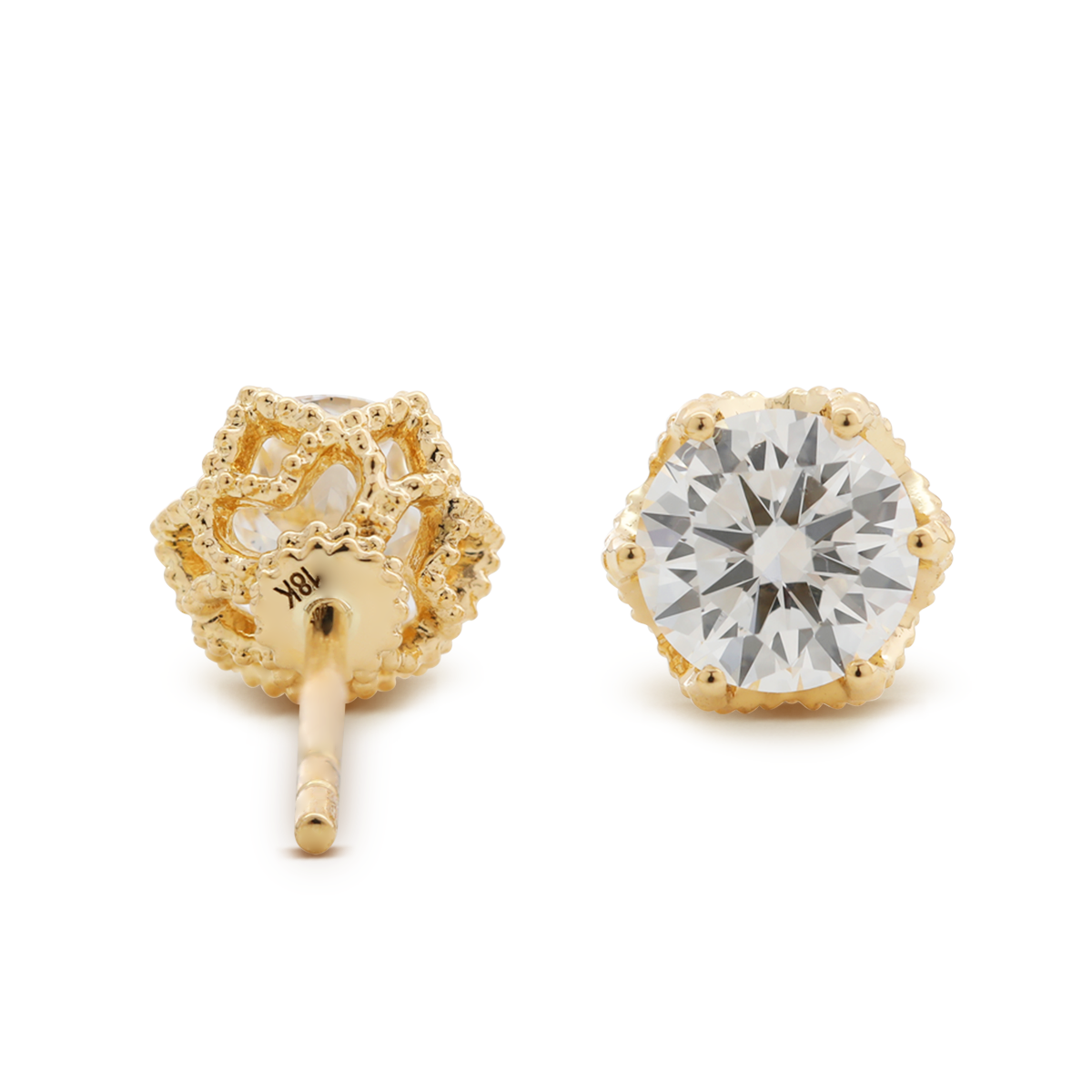 18K Yellow Gold 2 ct tw Round Cut Lab Diamond Millegrain Floral Basket Stud Earrings