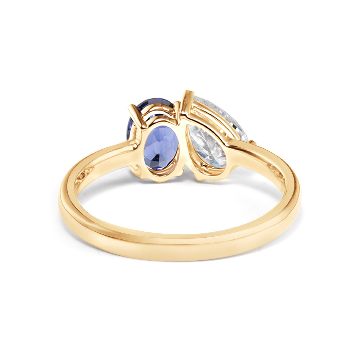 14K Yellow Gold Oval Cut Lab Sapphire and Pear Shaped Lab Diamond Toi et Moi Ring